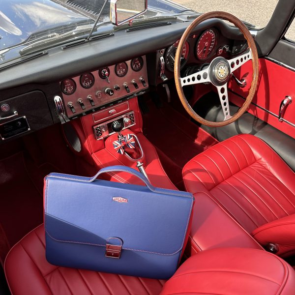 jaguar blue briefcase in car
